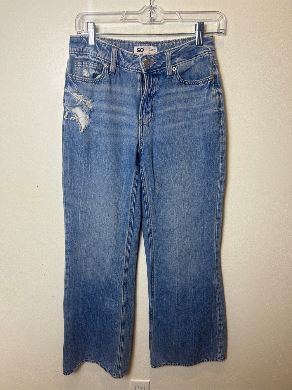 SO Mid Rise Baggy Flare Jeans Size 1/25 Distressed Medium Wash